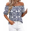 image:imageBTFBM Off The Shoulder Boho Tops for Women 2026 Summer Spring Short Sleeve Floral Loose Resort Beach Vacation ClothesFloral White Navy