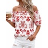 image:imageBTFBM Off The Shoulder Boho Tops for Women 2026 Summer Spring Short Sleeve Floral Loose Resort Beach Vacation ClothesFloral White Red