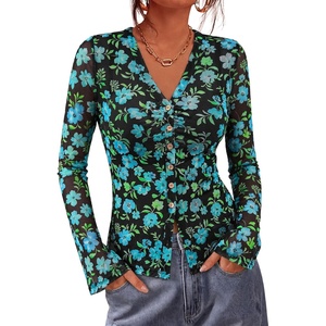image:imageBTFBM Button Down Shirts for Women 2026 Spring Boho Tops V Neck Long Sleeve Blouses Ruched Mesh Fitted Fashion ClothingBlack Blue Flower