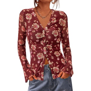 image:imageBTFBM Button Down Shirts for Women 2026 Spring Boho Tops V Neck Long Sleeve Blouses Ruched Mesh Fitted Fashion ClothingBrown