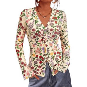 image:imageBTFBM Button Down Shirts for Women 2026 Spring Boho Tops V Neck Long Sleeve Blouses Ruched Mesh Fitted Fashion ClothingFloral Apricot Multi