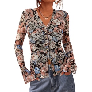 image:imageBTFBM Button Down Shirts for Women 2026 Spring Boho Tops V Neck Long Sleeve Blouses Ruched Mesh Fitted Fashion ClothingFloral Black Orange