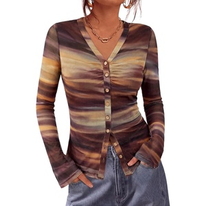 image:imageBTFBM Button Down Shirts for Women 2026 Spring Boho Tops V Neck Long Sleeve Blouses Ruched Mesh Fitted Fashion ClothingFloral Brown