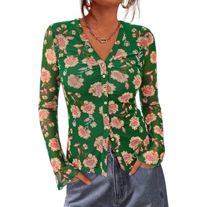 image:imageBTFBM Button Down Shirts for Women 2026 Spring Boho Tops V Neck Long Sleeve Blouses Ruched Mesh Fitted Fashion ClothingGreen