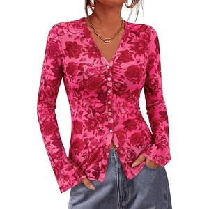 image:imageBTFBM Button Down Shirts for Women 2026 Spring Boho Tops V Neck Long Sleeve Blouses Ruched Mesh Fitted Fashion ClothingPink Red Flower
