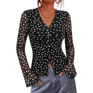 image:imageBTFBM Button Down Shirts for Women 2026 Spring Boho Tops V Neck Long Sleeve Blouses Ruched Mesh Fitted Fashion ClothingPolka Dot Black White