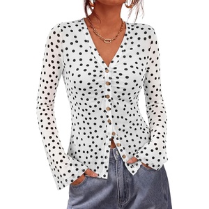 image:imageBTFBM Button Down Shirts for Women 2026 Spring Boho Tops V Neck Long Sleeve Blouses Ruched Mesh Fitted Fashion ClothingPolka Dot White Black