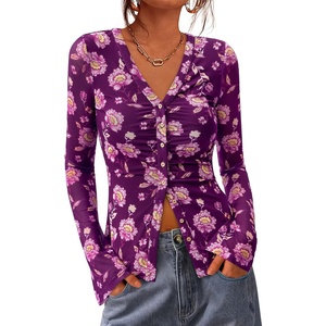 image:imageBTFBM Button Down Shirts for Women 2026 Spring Boho Tops V Neck Long Sleeve Blouses Ruched Mesh Fitted Fashion ClothingPurple