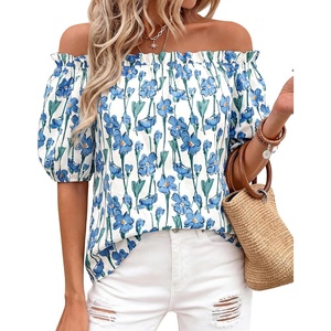 image:imageBTFBM Off The Shoulder Boho Tops for Women 2026 Summer Spring Short Sleeve Floral Loose Resort Beach Vacation ClothesFloral Apricot Blue Green