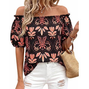image:imageBTFBM Off The Shoulder Boho Tops for Women 2026 Summer Spring Short Sleeve Floral Loose Resort Beach Vacation ClothesFloral Black Orange