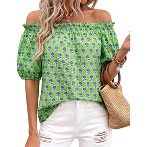 image:imageBTFBM Off The Shoulder Boho Tops for Women 2026 Summer Spring Short Sleeve Floral Loose Resort Beach Vacation ClothesFloral Green Purple