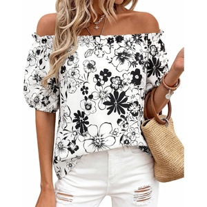 image:imageBTFBM Off The Shoulder Boho Tops for Women 2026 Summer Spring Short Sleeve Floral Loose Resort Beach Vacation ClothesFloral White