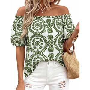 image:imageBTFBM Off The Shoulder Boho Tops for Women 2026 Summer Spring Short Sleeve Floral Loose Resort Beach Vacation ClothesFloral White Army Green