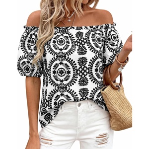 image:imageBTFBM Off The Shoulder Boho Tops for Women 2026 Summer Spring Short Sleeve Floral Loose Resort Beach Vacation ClothesFloral White Black