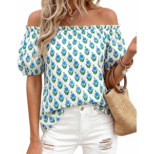 image:imageBTFBM Off The Shoulder Boho Tops for Women 2026 Summer Spring Short Sleeve Floral Loose Resort Beach Vacation ClothesFloral White Blue Green
