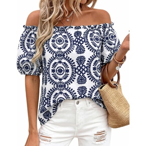 image:imageBTFBM Off The Shoulder Boho Tops for Women 2026 Summer Spring Short Sleeve Floral Loose Resort Beach Vacation ClothesFloral White Navy