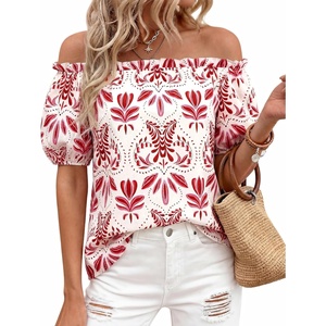 image:imageBTFBM Off The Shoulder Boho Tops for Women 2026 Summer Spring Short Sleeve Floral Loose Resort Beach Vacation ClothesFloral White Red