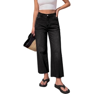 image:imageBTFBM Jeans for Women 2026 Summer High Waisted Button Straight Leg Stretchy Cropped Raw Hem Trendy Denim Pants PocketsBlack