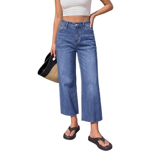 image:imageBTFBM Jeans for Women 2026 Summer High Waisted Button Straight Leg Stretchy Cropped Raw Hem Trendy Denim Pants PocketsBright Blue