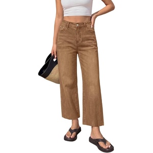 image:imageBTFBM Jeans for Women 2026 Summer High Waisted Button Straight Leg Stretchy Cropped Raw Hem Trendy Denim Pants PocketsCamel