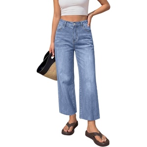 image:imageBTFBM Jeans for Women 2026 Summer High Waisted Button Straight Leg Stretchy Cropped Raw Hem Trendy Denim Pants PocketsLight Blue