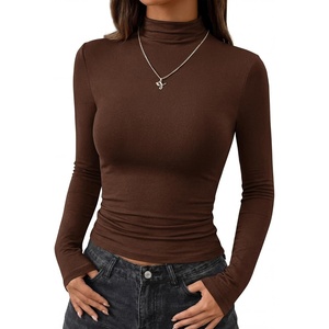 image:imageBTFBM Mock Turtleneck Tops for Women Long Sleeve Shirts Fitted Fall Fashion Clothing Basic Thermal Layering UndershirtsBrown