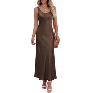 image:imageBTFBM Satin Dress Sleeveless Scoop Neck Summer Dresses for Women Elegant 2026 Loose Party Sundresses Fashion ClothingBrown