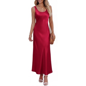 image:imageBTFBM Satin Dress Sleeveless Scoop Neck Summer Dresses for Women Elegant 2026 Loose Party Sundresses Fashion ClothingRed