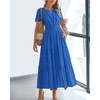 image:imageBTFBM Womens Summer 2026 Casual Midi Maxi Dresses Lightweight Short Sleeve V Neck Elastic Waist Boho Beach Dress PocketsBlue