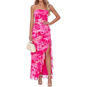 image:imageBTFBM Off The Shoulder Dresses for Women Summer 2026 Strapless Ruffle Slit Formal Wedding Guest Dress Cocktail PartyFloral Pink