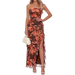 image:imageBTFBM Off The Shoulder Dresses for Women Summer 2026 Strapless Ruffle Slit Formal Wedding Guest Dress Cocktail PartyFloral Red Brown