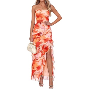 image:imageBTFBM Off The Shoulder Dresses for Women Summer 2026 Strapless Ruffle Slit Formal Wedding Guest Dress Cocktail PartyWatercolour Orange