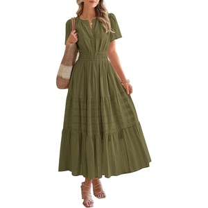 image:imageBTFBM Womens Summer 2026 Casual Midi Maxi Dresses Lightweight Short Sleeve V Neck Elastic Waist Boho Beach Dress PocketsArmy Green