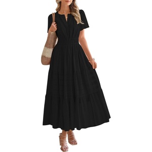 image:imageBTFBM Womens Summer 2026 Casual Midi Maxi Dresses Lightweight Short Sleeve V Neck Elastic Waist Boho Beach Dress PocketsBlack