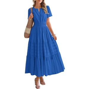 image:imageBTFBM Womens Summer 2026 Casual Midi Maxi Dresses Lightweight Short Sleeve V Neck Elastic Waist Boho Beach Dress PocketsBlue