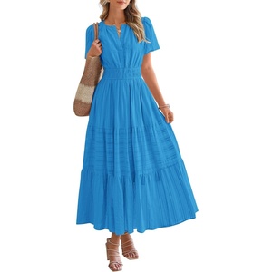 image:imageBTFBM Womens Summer 2026 Casual Midi Maxi Dresses Lightweight Short Sleeve V Neck Elastic Waist Boho Beach Dress PocketsBrilliant Blue