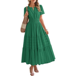 image:imageBTFBM Womens Summer 2026 Casual Midi Maxi Dresses Lightweight Short Sleeve V Neck Elastic Waist Boho Beach Dress PocketsDark Green