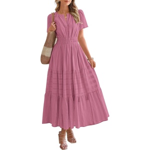 image:imageBTFBM Womens Summer 2026 Casual Midi Maxi Dresses Lightweight Short Sleeve V Neck Elastic Waist Boho Beach Dress PocketsDusty Pink