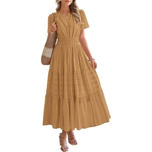 image:imageBTFBM Womens Summer 2026 Casual Midi Maxi Dresses Lightweight Short Sleeve V Neck Elastic Waist Boho Beach Dress PocketsKhaki
