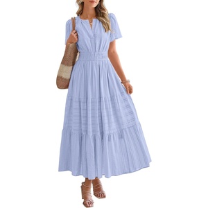 image:imageBTFBM Womens Summer 2026 Casual Midi Maxi Dresses Lightweight Short Sleeve V Neck Elastic Waist Boho Beach Dress PocketsLight Blue