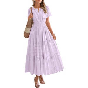 image:imageBTFBM Womens Summer 2026 Casual Midi Maxi Dresses Lightweight Short Sleeve V Neck Elastic Waist Boho Beach Dress PocketsLight Pink Purple