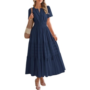 image:imageBTFBM Womens Summer 2026 Casual Midi Maxi Dresses Lightweight Short Sleeve V Neck Elastic Waist Boho Beach Dress PocketsNavy