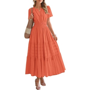 image:imageBTFBM Womens Summer 2026 Casual Midi Maxi Dresses Lightweight Short Sleeve V Neck Elastic Waist Boho Beach Dress PocketsOrange