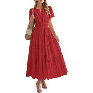image:imageBTFBM Womens Summer 2026 Casual Midi Maxi Dresses Lightweight Short Sleeve V Neck Elastic Waist Boho Beach Dress PocketsRed