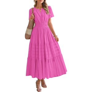 image:imageBTFBM Womens Summer 2026 Casual Midi Maxi Dresses Lightweight Short Sleeve V Neck Elastic Waist Boho Beach Dress PocketsRose Red