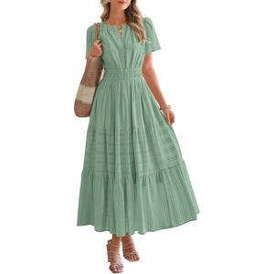 image:imageBTFBM Womens Summer 2026 Casual Midi Maxi Dresses Lightweight Short Sleeve V Neck Elastic Waist Boho Beach Dress PocketsSage Green