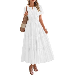 image:imageBTFBM Womens Summer 2026 Casual Midi Maxi Dresses Lightweight Short Sleeve V Neck Elastic Waist Boho Beach Dress PocketsWhite