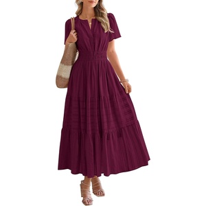 image:imageBTFBM Womens Summer 2026 Casual Midi Maxi Dresses Lightweight Short Sleeve V Neck Elastic Waist Boho Beach Dress PocketsWine Red