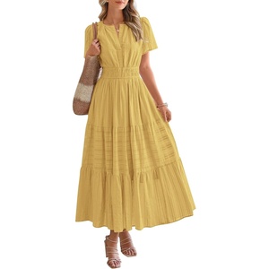 image:imageBTFBM Womens Summer 2026 Casual Midi Maxi Dresses Lightweight Short Sleeve V Neck Elastic Waist Boho Beach Dress PocketsYellow