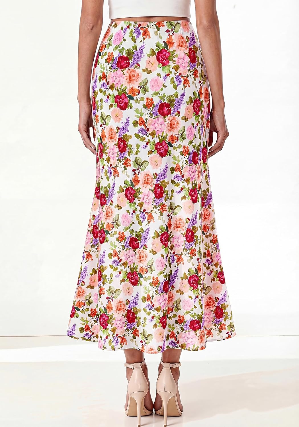 image:imageBTFBM Midi Skirts for Women 2026 Summer Spring Lightweight A Line High Waisted Wedding Guest Party Silk Long SkirtFloral White Multicolored